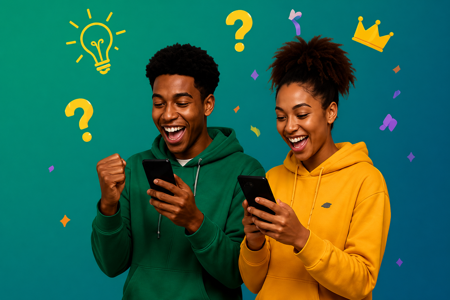 Two excited people playing QwikQwiz on their phones